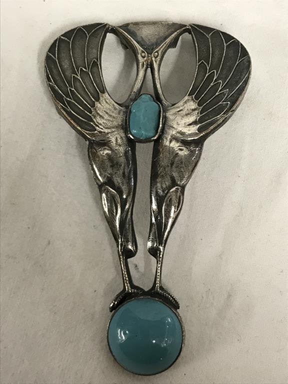 An arts and crafts white metal belt buckle with turquoise stones in the form of a styalised bird. - Image 10 of 12