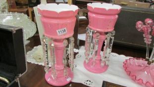 A pair of Victorian pink glass lustre's. Collect only.