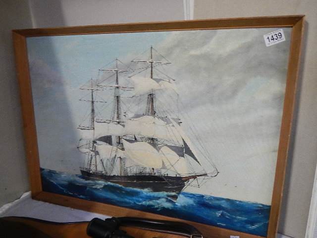 An oil on board painting of a sailing ship. Collect only. 53 x 74 cm.