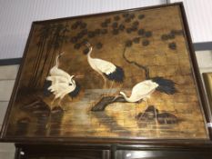 A large framed oil on canvas picture of 4 Herons in an Oriental style water's edge scene signed by