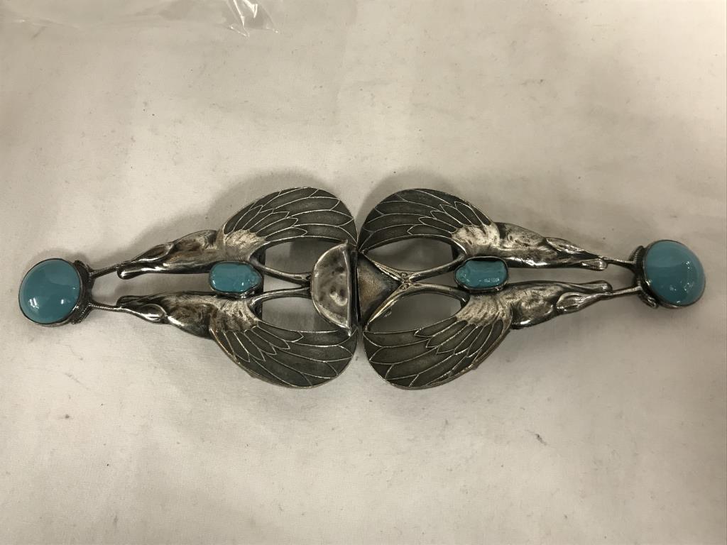 An arts and crafts white metal belt buckle with turquoise stones in the form of a styalised bird. - Image 8 of 12