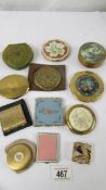 Nine assorted powder compacts, a trinket box and two handbag mirrors including a silk example.