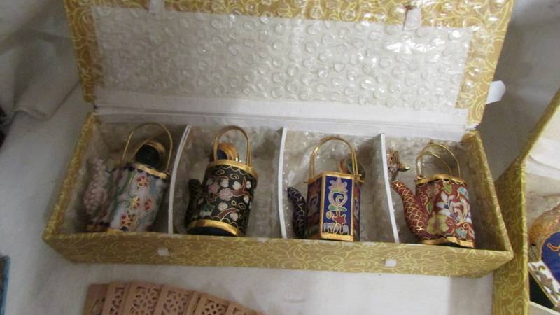 Two cased sets of Chinese Cloissonne tea/coffee pots and a boxed fan. - Image 2 of 4