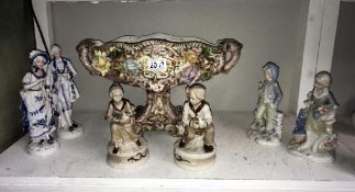 A large Italian floral pottery comport & 3 pairs of continental pottery figurines. Collect only.