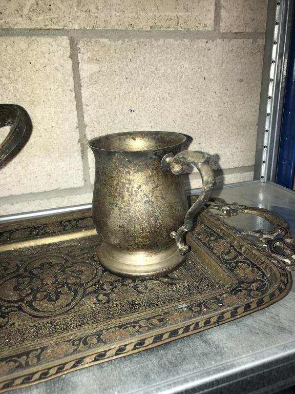 1931 - 1940 Silver plated ladies tennis trophy, Indian brass tray, goblet and tankard - Image 2 of 5