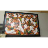 A large framed oil on canvas painting depicting a crowd, signed R Casimir. Collect only.