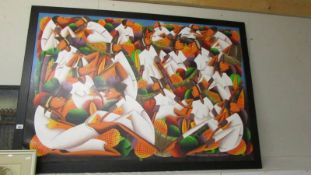 A large framed oil on canvas painting depicting a crowd, signed R Casimir. Collect only.