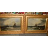 A pair of gilt framed oil on canvas seascapes under glass signed Gustav de Breanski,