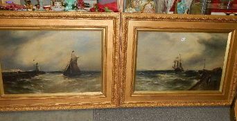 A pair of gilt framed oil on canvas seascapes under glass signed Gustav de Breanski,