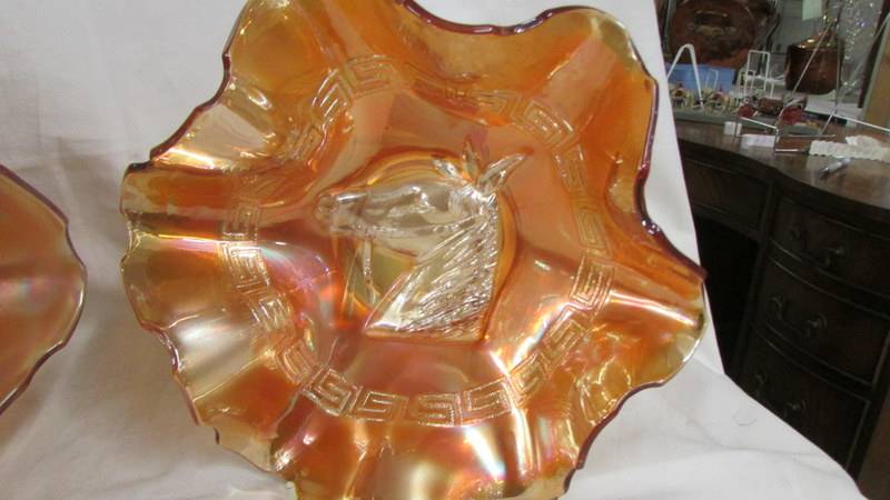 Two Ducas marigold 9" pony carnival glass bowls. - Image 2 of 3