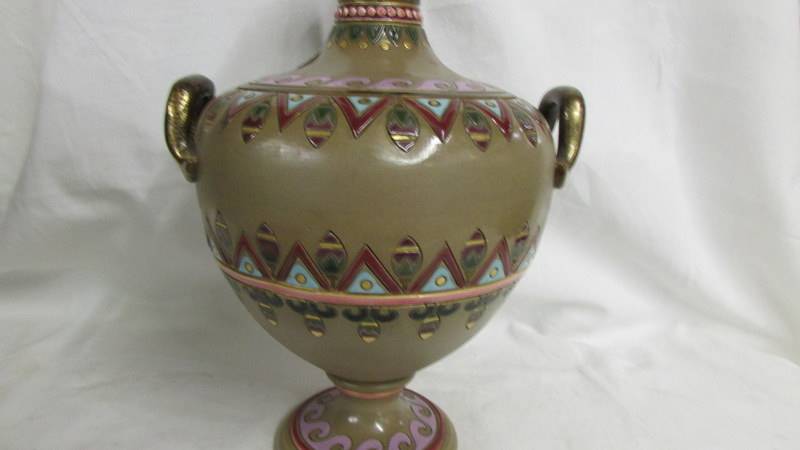 A Sarreguemines 9" high urn with two side handles and one neck handle. Various markings underneath - Image 3 of 4