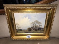 An oil on board farming scene in gilt frame, signed James Wright. Collect only.