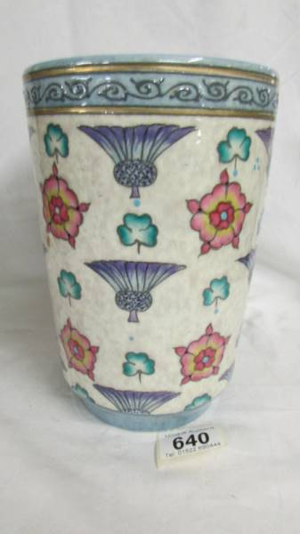 A wide Bursley ware vase by Charlotte Rhead. White dapple ground with blue thistles, red roses and - Image 2 of 3