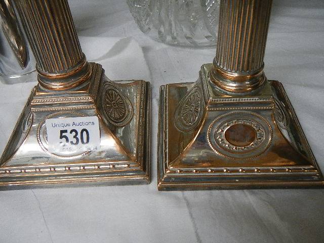 A pair of silver plate Corinthian column candlesticks, 31 cm tall. - Image 3 of 3