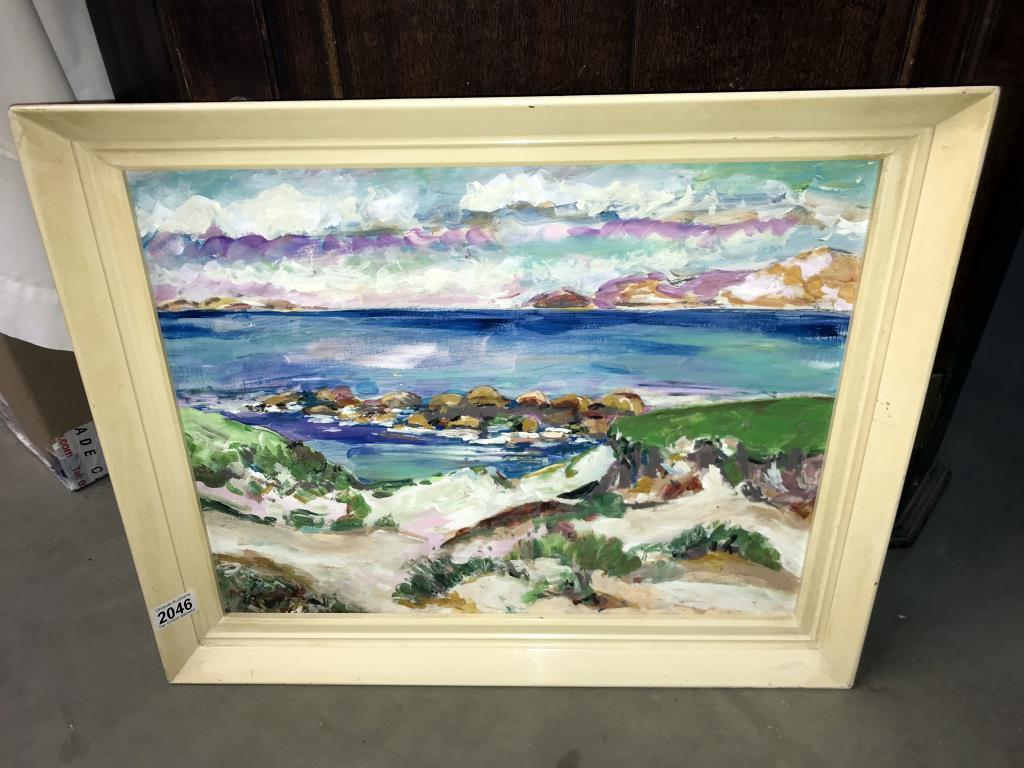 A 20th century colourist school acrylic on board, a coastal landscape Iona, framed.Collect only.