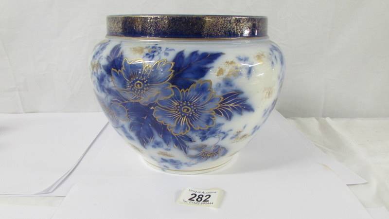 A Victorian blue, white and gilded jardiniere. Height 19cm. Diameter 25cm. - Image 3 of 6