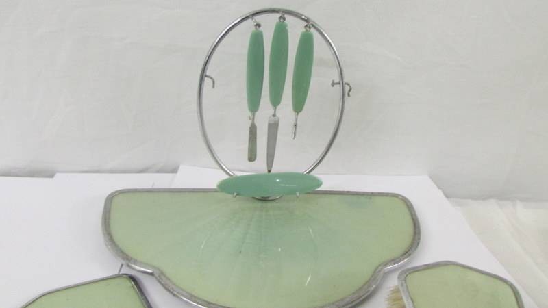 An art deco dressing table set comprising tray with manicure items. hand mirror and two brushes. - Image 2 of 6