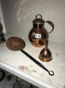 A copper sifter, funnel & Guernsey jug