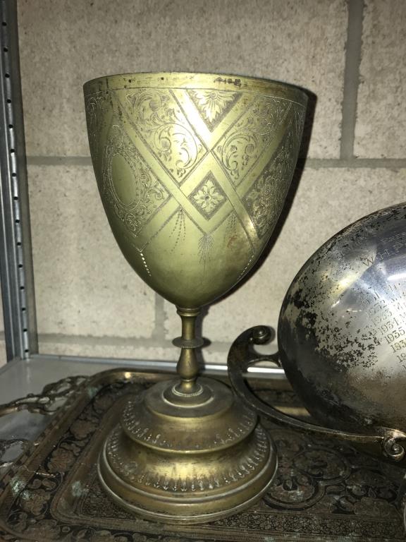 1931 - 1940 Silver plated ladies tennis trophy, Indian brass tray, goblet and tankard - Image 3 of 5