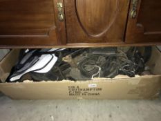 A large box of Antique horse leather straps, harnesses & blinkers etc.