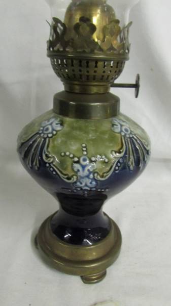 A 19th century Doulton Lambeth stoneware oil lamp, Total height 26.5cm including chimney. - Image 2 of 2