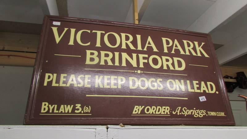 A wooden sign 'Victoria Park Brinsford' Collect only.