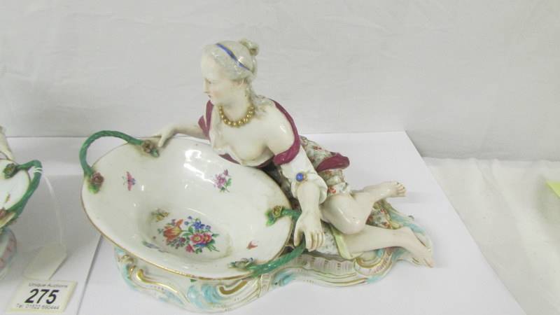 A pair of fine porcelain male and female figure/sweet meat dishes with crossed swords mark. - Image 3 of 9