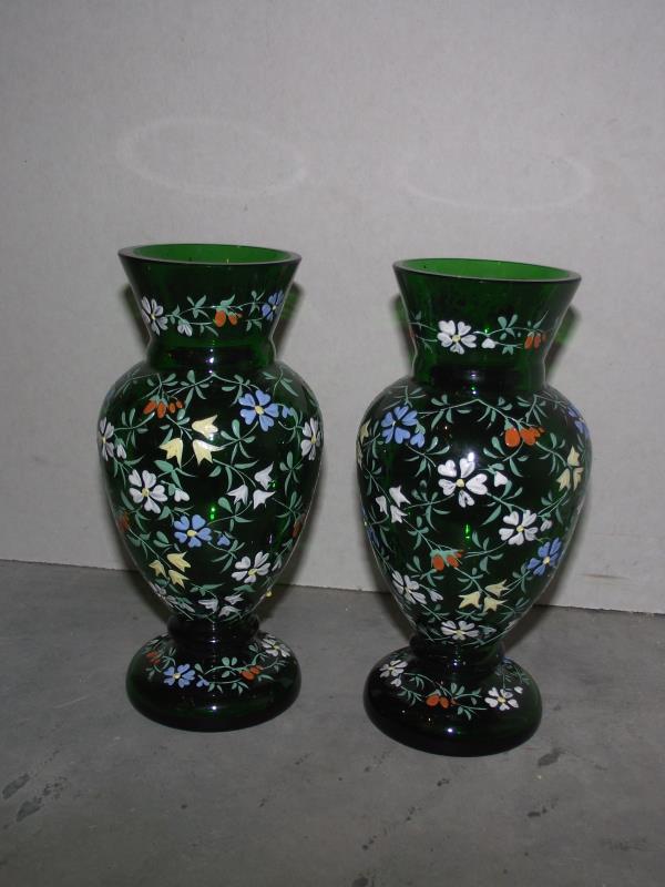 A pair of hand decorated green glass vases and three others. Collect only. Both green vases have a - Image 9 of 9