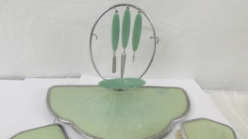 An art deco dressing table set comprising tray with manicure items. hand mirror and two brushes. - Image 5 of 6