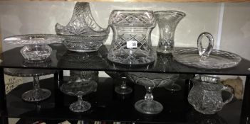 A selection of cut & moulded glass including fruit bowl, vases & cake stands etc. Collect only.