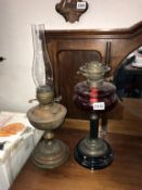 2 Victorian oil lamps, 1 with Ruby glass font