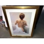 A large artistic print of a semi nude woman in gilded frame (77cm x 57cm) Collect only.