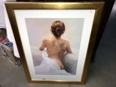 A large artistic print of a semi nude woman in gilded frame (77cm x 57cm) Collect only.