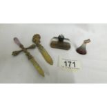 A small banded agate weight. a gilt metal clip with figural handle with agate inset head, a