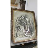 A framed and glazed print of a knight with horse.