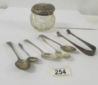 A silver top bowl (top a/f), five silver teaspoons and silver sugar tongs,