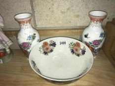 A pair of hand painted Chinese porcelain vases, height 21cm. With an Imari Chinese bowl Diameter