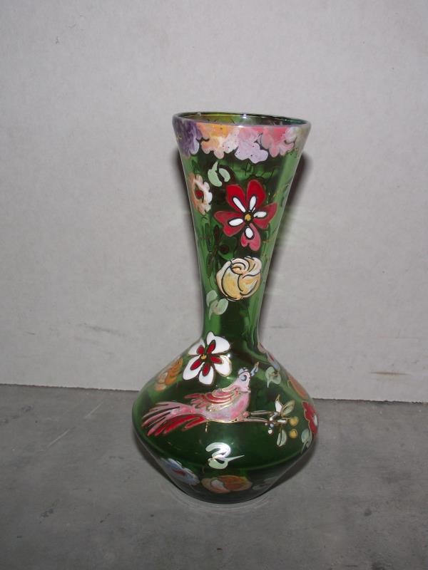 A pair of hand decorated green glass vases and three others. Collect only. Both green vases have a - Image 8 of 9