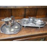 Two silver plated trays, a silver plated tea set and other silver plate.