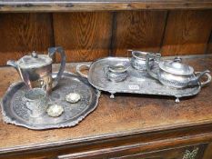 Two silver plated trays, a silver plated tea set and other silver plate.