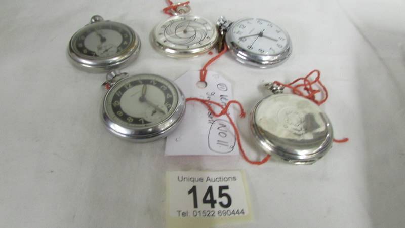 Five assorted pocket watches including a silver full Hunter, London Hallmark & Ingersoll etc.
