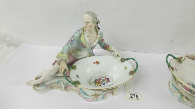 A pair of fine porcelain male and female figure/sweet meat dishes with crossed swords mark. - Image 7 of 9