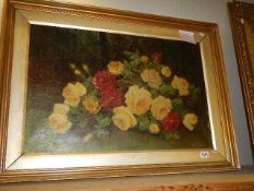A gilt framed oil painting of floral arrangement. 93 x 76 cm. (collect only).