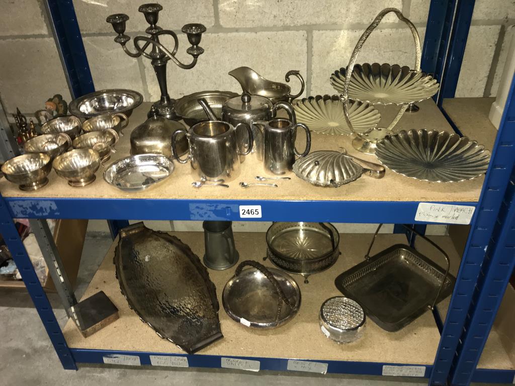 2 shelves of Silver plate items