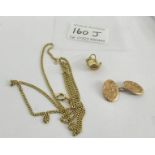A 9ct gold chain, a gold cuff link and a gold kettle charm, 8.5 grams.