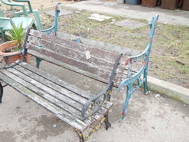 Two cast iron and wood garden benches, a/f. Collect only.