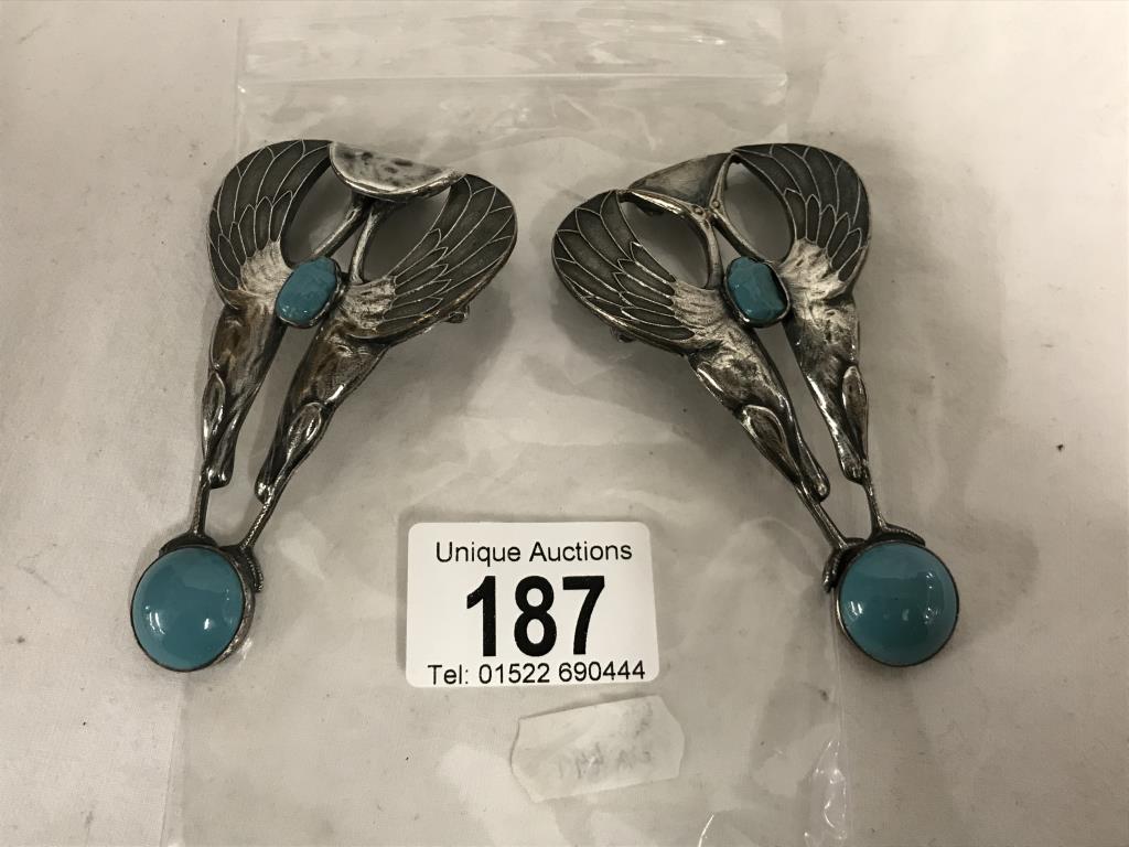 An arts and crafts white metal belt buckle with turquoise stones in the form of a styalised bird. - Image 6 of 12