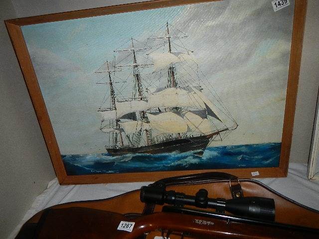 An oil on board painting of a sailing ship. Collect only. 53 x 74 cm. - Image 2 of 2