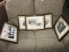 5 framed & glazed prints, signature indistinct. Various subjects including dutch cobbler 45cm x 35.