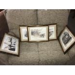 5 framed & glazed prints, signature indistinct. Various subjects including dutch cobbler 45cm x 35.